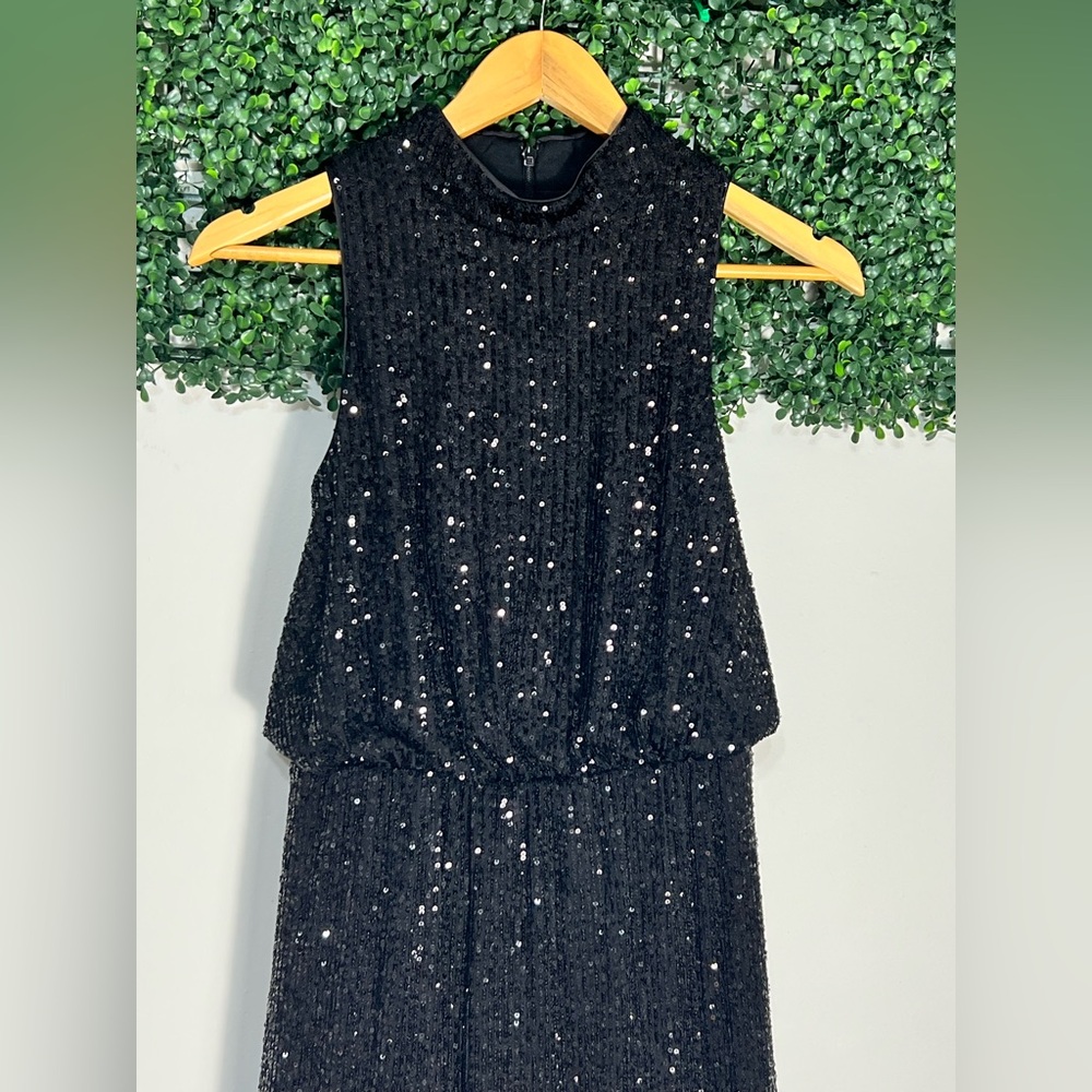 Eliza J Black Sequined Mini Cocktail Party Feather Bottom Dress Size 4 - Picture 3 of 14